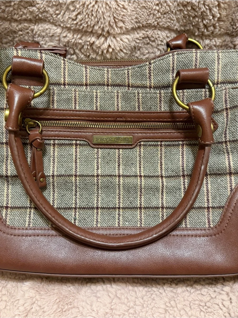 Frye & Co Brown Plaid Satchel Crossbody Bag Tweed Shoulder Purse